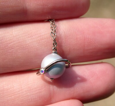 Sterling Silber irisierende Perle Planet Saturn Anhänger Halskette 925 2,3 g 18 Zoll
