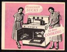 Antigua postal vintage ¡Una unión ama de casa tarjeta tareas domésticas apesta! También cocina