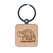Cute Cartoon Turtle Walking Engraved Wood Square Keychain Tag Charm