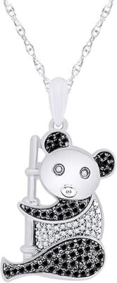 White & Black Real Diamond Accents Panda Pendant 18'' Necklace Sterling Silver