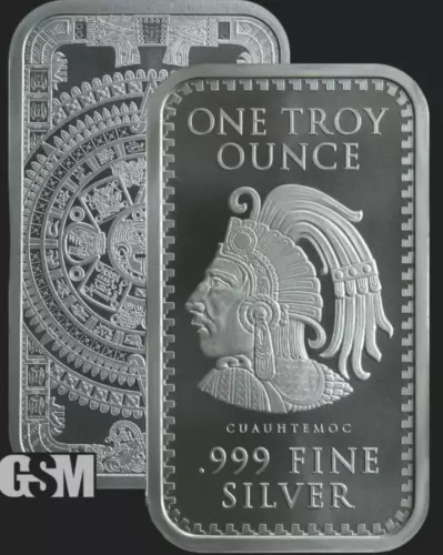 5 X 1 oz .999 Fine Silver Aztec Calendar Silver Bar - Mexico Tenochtitlan Mayan