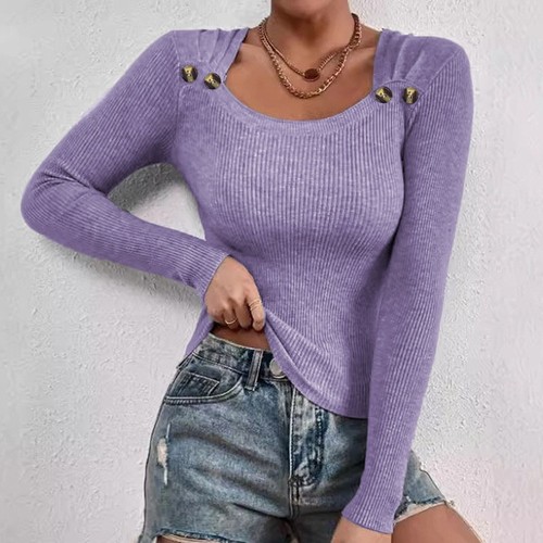 Magliette donna collo quadrato manica lunga slim aderenti maglia a costine magliette casual - Foto 12 di 34