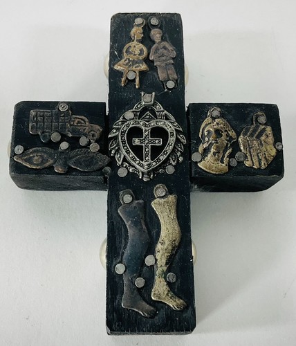 Vintage Milagros Folk Art Black Cross Charms Wood Handmade Signed Artist