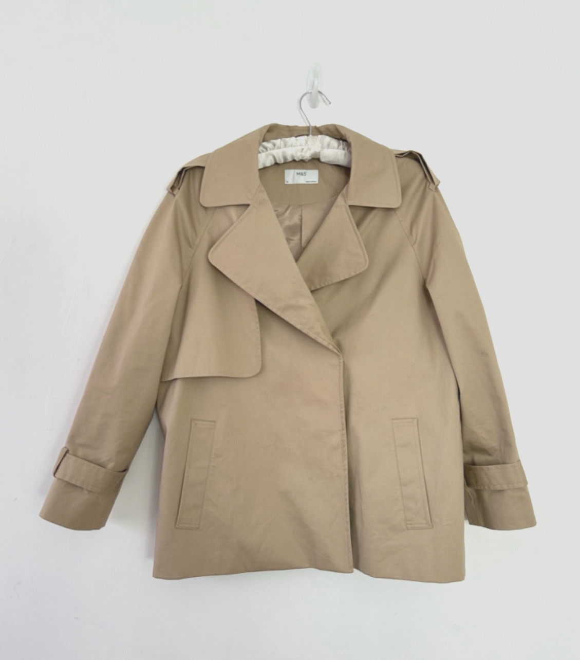 M & S Short Mac Women's Beige Lined Jacket Trench Coat Epaulets Size 12