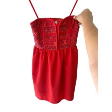 Staring at Stars Red Embroidered Boho Mini Dress Small Spaghetti Strap Smocked