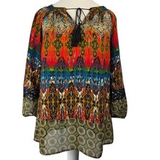 Fig and Flower Women s M Boho Floral Blouse Multicolor 3/4 Sleeve Art to Wear