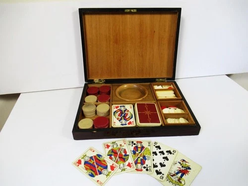ANTIQUE  FRENCH CARDS GAMBLING BOX + CHIPS