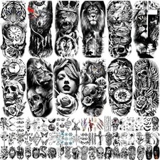 82 Sheets Temporary Tattoo for Men Women Adults, Include 12 Sheets Black 3D Half
