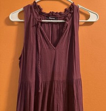 Madewell XS Burgundy Sleeveless Tiered Maxi Dress V-Neck Ruffle Accent