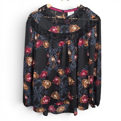 Knox Rose Top Womens Medium Black Boho Floral Print Peasant Blouse Button Casual