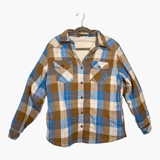 Blue Tan Plaid Sherpa Lined Shacket Cozy Overshirt Jacket Medium
