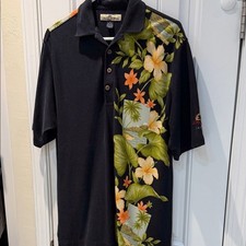 Tommy Bahama Men's Black Hawaiian Floral Polo Shirt M 75 silk 25 cotton 5140