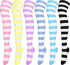 6 Pairs Striped Over Knee High Socks Stripe High Thigh Stockings Women Long S...