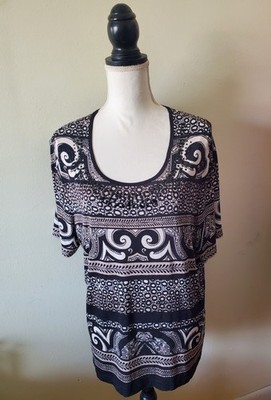 Gerry Weber Women's XL Top Tunic Beaded Scoop Neck Abstract Floral Black/Tan