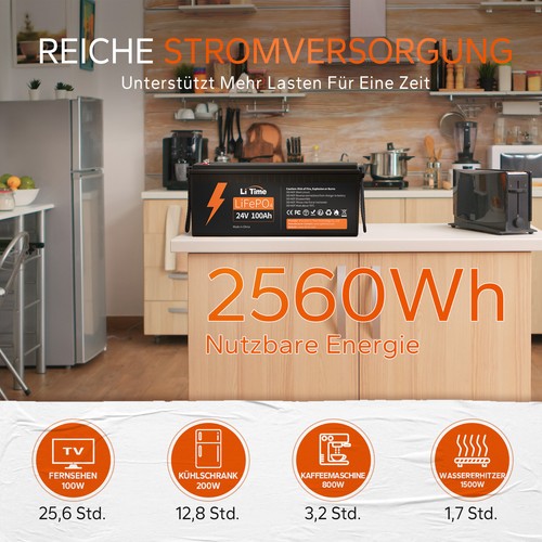 LiTime 24V 100Ah Lithium Batterie LiFePO4 100A BMS für Wohnmobil Solaranlage - Afbeelding 8 van 10