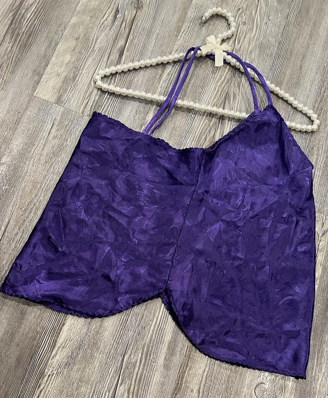 VTG Made In USA Woman’s Purple Floral Silky Satin Waved Trimmed Cami Lingerie L