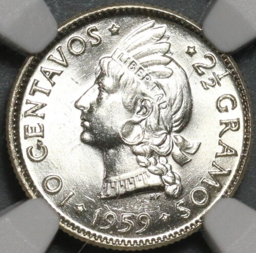 1959 NGC MS 64 Dominican Republic Silver 10 Centavos Scarce Coin (21031801C) - Photo 1/6