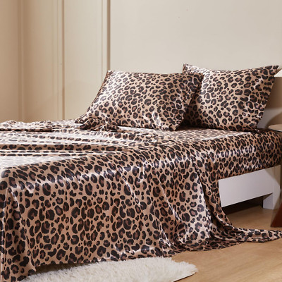 King Size Satin Bed Sheets Set with Elastic Straps, Brown Leopard Print