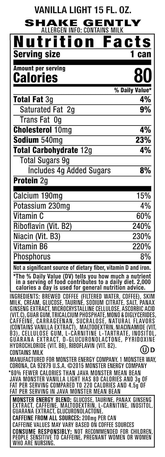 Monster Energy Java Monster Vanilla Light, Coffee + Energy Drink,15 Fl ...