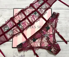 Victoria's Secret LUXE LINGERIE 2 Piece Set Unlined Panty + Garter Burgundy