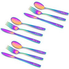 9 Piece Stainless Steel Rainbow Kids Cutlery Child and Toddler Safe Flatware ...
