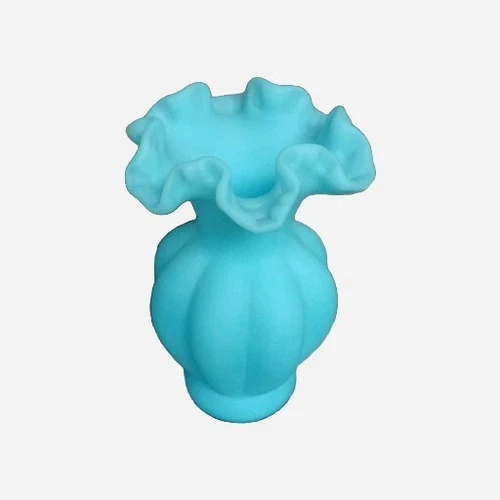 FENTON VINTAGE MATE BLUE SATIN GLASS VASE RUFFLED TOP MELON STYLE