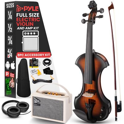 Pyle 4/4 Silent Electric Violin with Amplifier Kit, Solid Wood Fiddle with 10W A