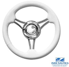 VOLANTE TIMONE Ø35 CM A 6 RAZZE CURVE INOX E POLIURETANO BARCA GOMMONE - BIANCO