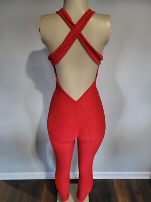 Women jumpsuit Size Large red jumpsuit one piece yoga scrunch bum New textured