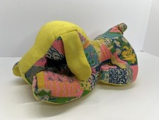 Vintage Shalom Toys Patchwork Puppy Dog Yellow Blue Pink Floral Eyelashes Sleep