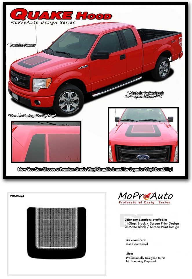 2014 Ford F-150 QUAKE HOOD Tremor Style Decals Stripes 3M Vinyl Graphics 6FX Foto 3 de 4