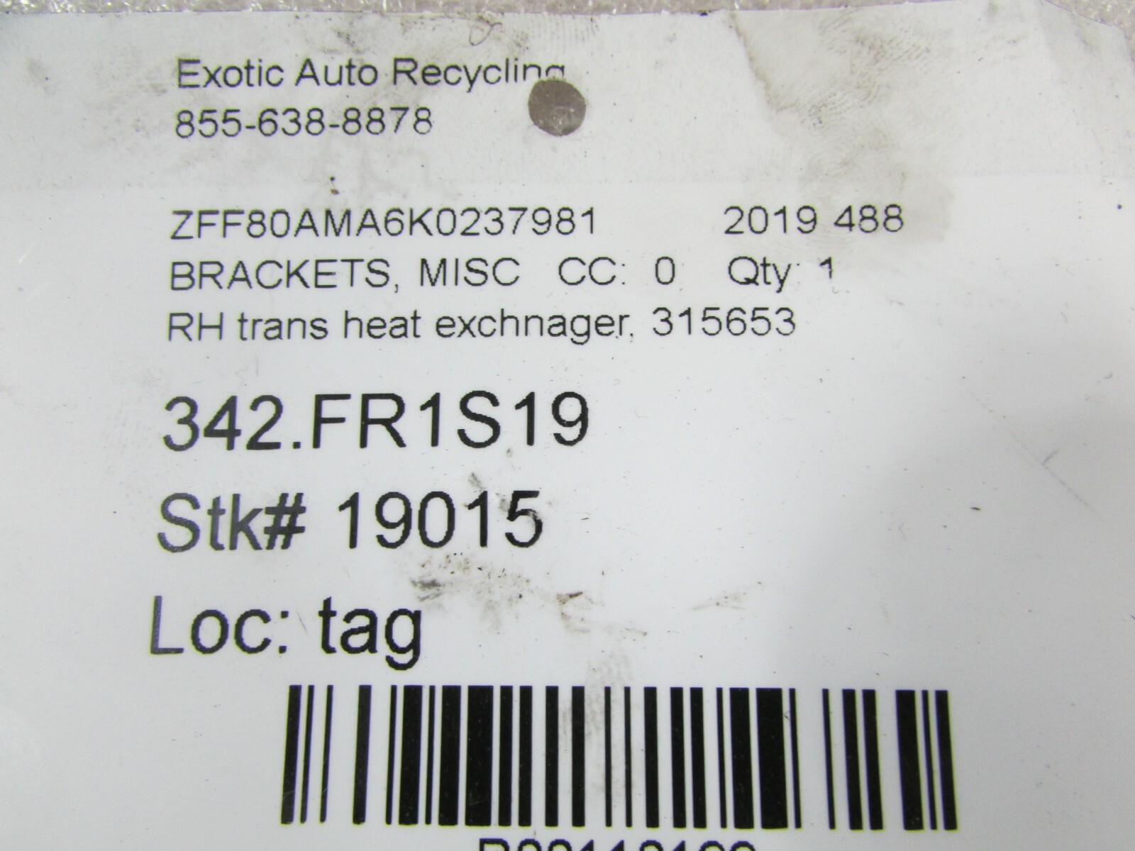Ferrari 488, RH, Right Transmission Oil Heat Exchanger Bracket, Used, P/N 315653