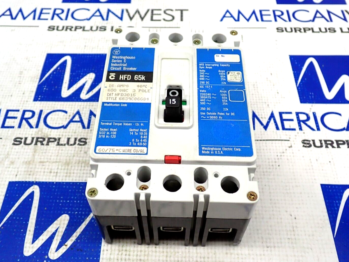 Martello Taglierina Westinghouse HFD3015 &ndash; 15A 600V 3 Poli &ndash; Interruttore 65kA@480V Ricondizionato