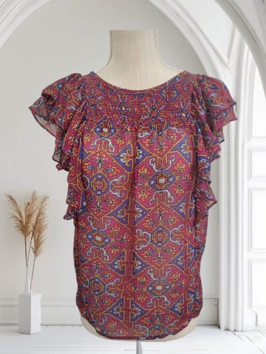 Anthropologie Meadow Rue Blouse Womens Size 10 Top Ruffle Pink Geometric Shirt