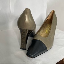 Vintage 90s Ferragamo Cap Toe Black Gold Heels Leather Pumps Size 10B