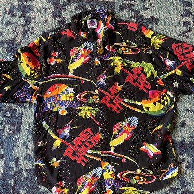 VTG Planet Hollywood  Large Men's 100% Rayon Button Shirt Black   Neon Space