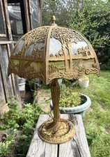 Antique Art Nouveau Miller Slag Glass Table Lamp Scenic Dome Shade Pull Chains
