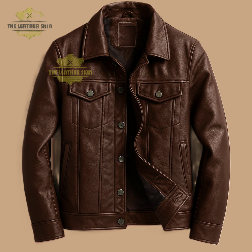 Men Leather Jacket | Trucker Jacket | Genuine Brown Leather Vintage Style Jacket