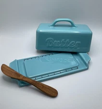 Porcelain LARGE Butter Dish Lid & Knife Covered Butter Keeper Measuring Lines 