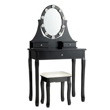 Vanity Set Makeup Dressing Table Stool w/3 Drawers Lighted Mirror 10 LED Bulbs