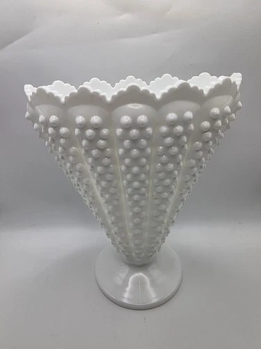 Vintage FENTON Hobnail Milk Glass 8" Fan Vase