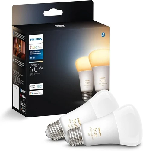 Philips Hue White Ambiance Smart Bulb A19 E26 LED 800 Lumen 60W LED Light 2 Pack