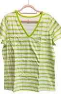 Woman Within Green & White Striped V-Neck T-Shirt Short Sleeve Size Large
