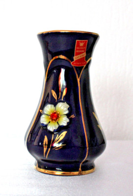 Halbach Geschenke*Blumenvase Vase echt Kobalt bauchig 20 Karat Gold Handgemacht