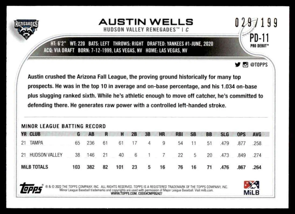 2022 Topps Pro Debut Fuchsia Austin Wells 029/199 Hudson Valley Renegades #PD-11 - Image 2 of 2