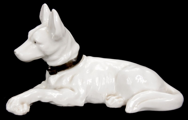Antique Japanese Porcelain White German Shephard Dog Figurine Okimono Japan Old