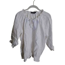 St. Tropez West White Linen Bohemian Peasant Blouse Size L