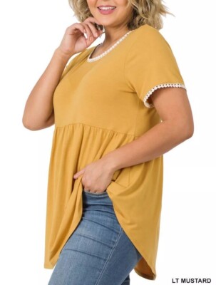 Zenana Women's Short Sleeve Empire Waist Baby Doll Rayon Peplum Top 3X Mustard