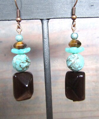 BEADED  TIGER'S EYE TURQUOISE EARRINGS, Dangle, Handcrafted, item #200