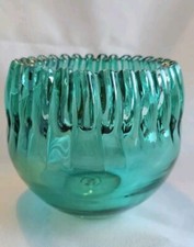 Vintage Blenko Glass Sea Green Crimped Rose Bowl 4"